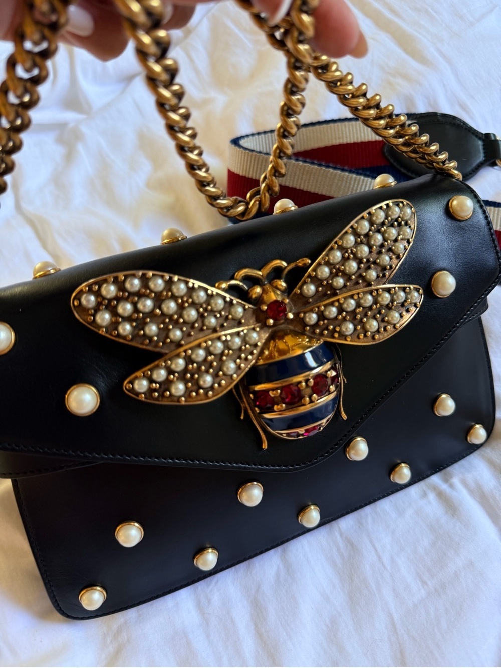 Gucci Queen Margaret Broadway Shoulder HandBag Black Leather Pearl Studded COA - Picture 7 of 13